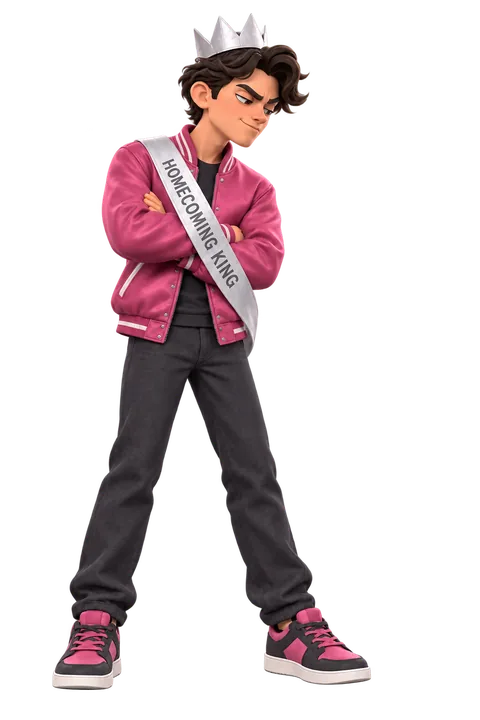 The Homecoming King in a plastic crown and outgrown letter jacket