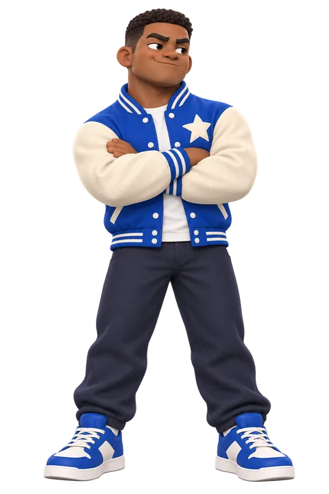 A Varsity Bruiser in a letterman jacket
