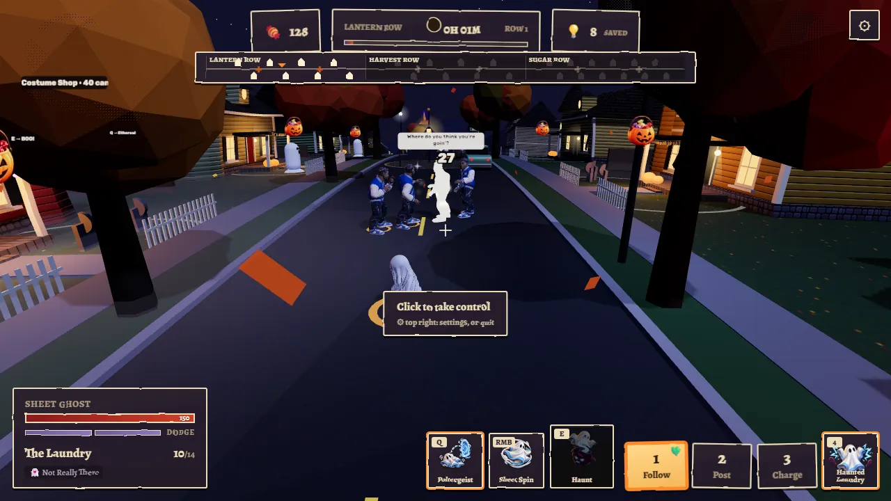 Gameplay: a sheet ghost leads a crew of laundry ghosts down a lit street